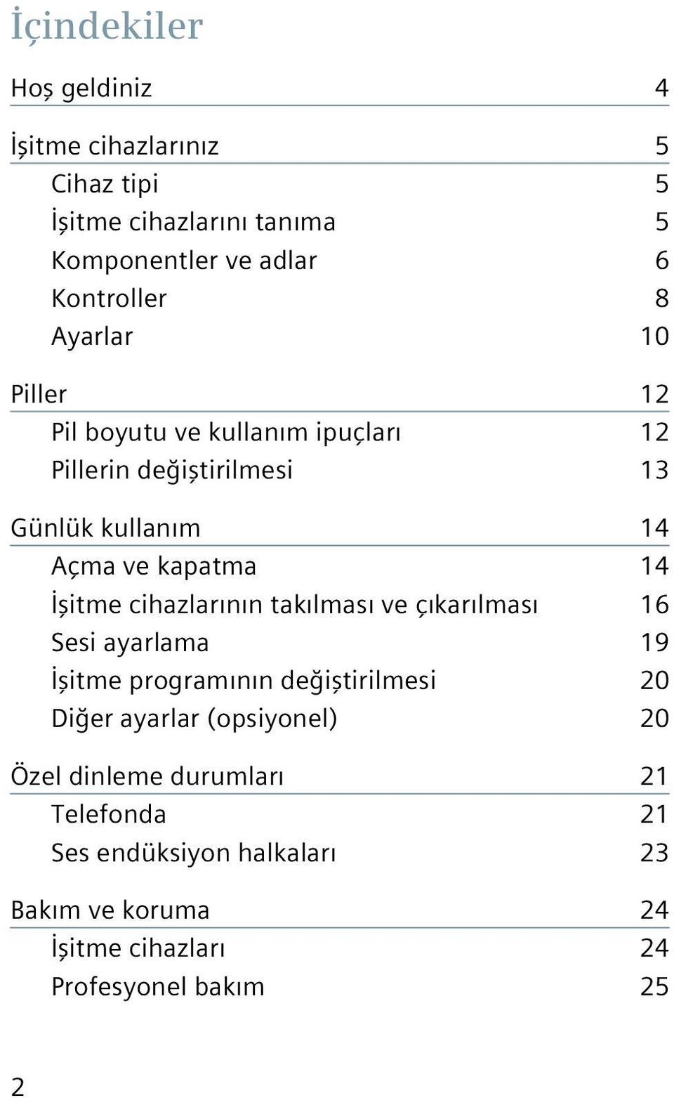 İşitme cihazlarının takılması ve çıkarılması 16 Sesi ayarlama 19 İşitme programının değiştirilmesi 20 Diğer ayarlar