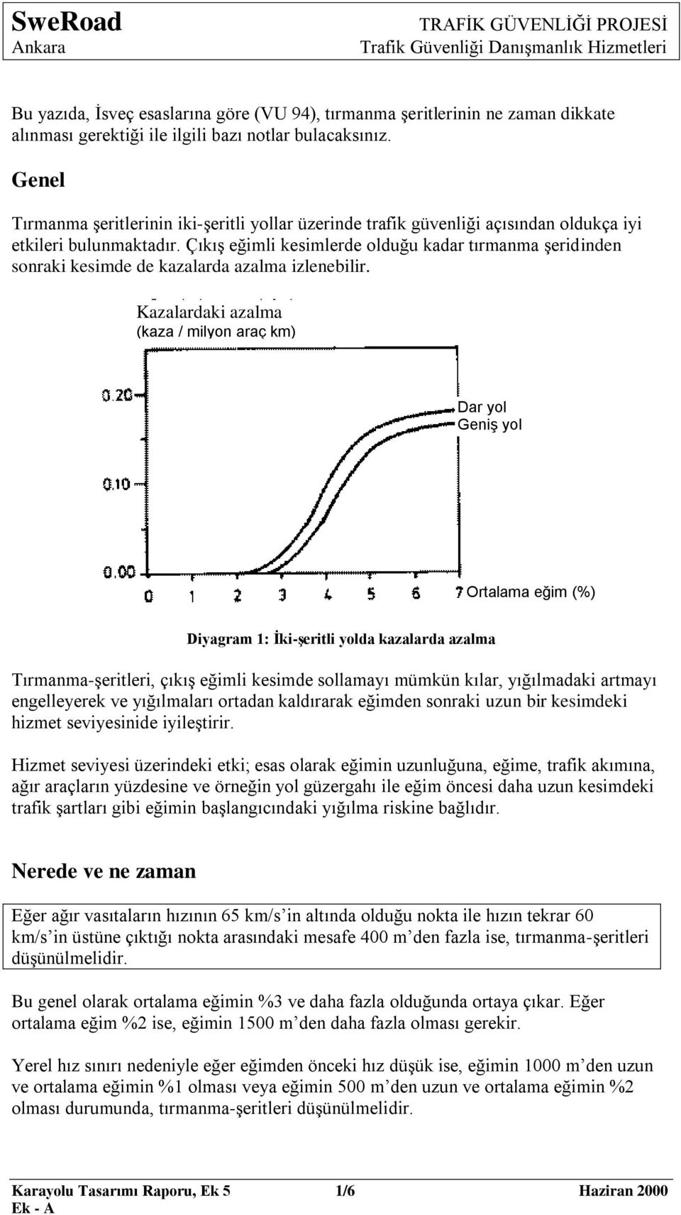 Çıkış eğimli kesimlerde olduğu kadar tırmanma şeridinden sonraki kesimde de kazalarda azalma izlenebilir.