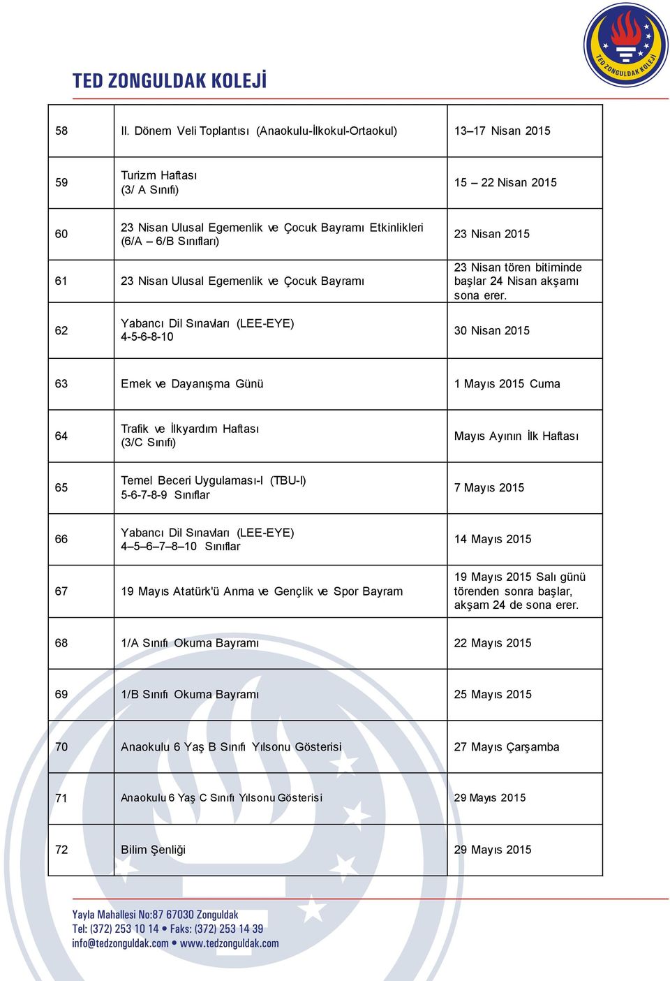 Nisan 2015 61 23 Nisan Ulusal Egemenlik ve Çocuk Bayramı 23 Nisan tören bitiminde başlar 24 Nisan akşamı sona erer.