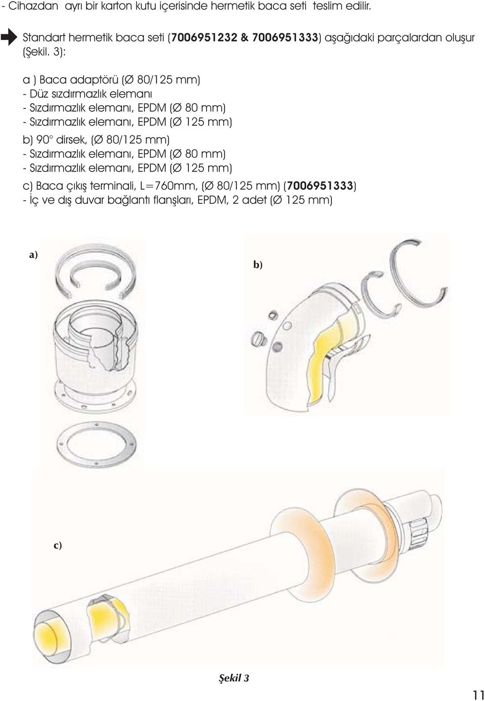 3) a ) Baca adaptörü (Ø 80/125 mm) - Düz sýzdýrmazlýk elemaný - Sýzdýrmazlýk elemaný, EPDM (Ø 80 mm) - Sýzdýrmazlýk elemaný, EPDM (Ø 125