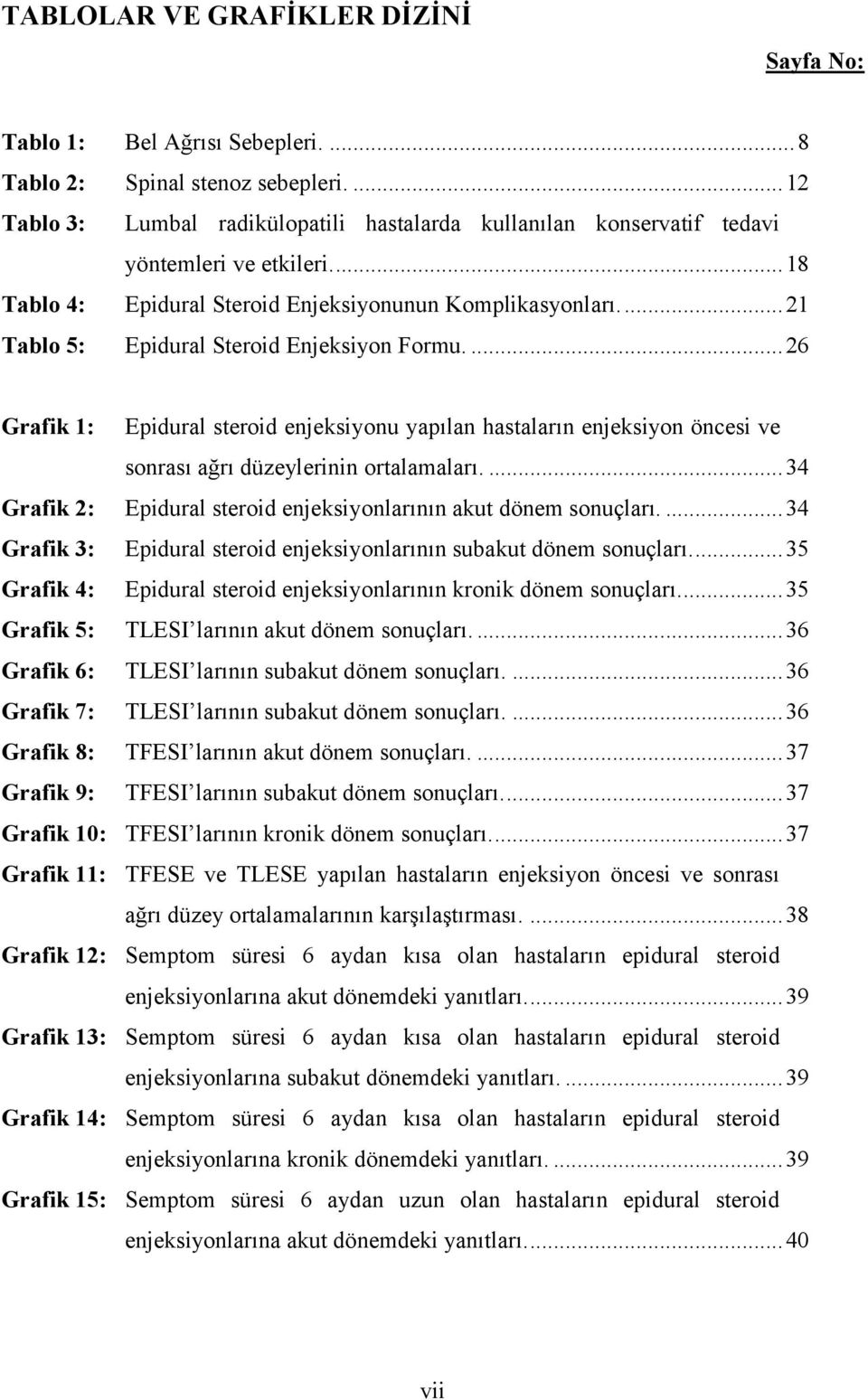 ..21 Tablo 5: Epidural Steroid Enjeksiyon Formu....26 Grafik 1: Epidural steroid enjeksiyonu yapılan hastaların enjeksiyon öncesi ve sonrası ağrı düzeylerinin ortalamaları.