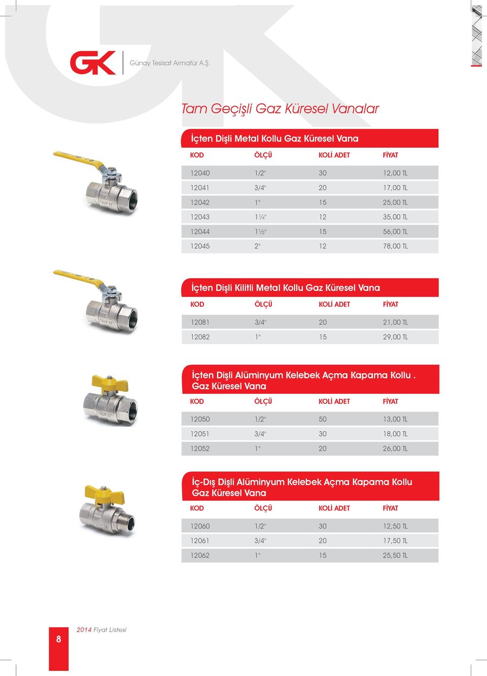 35,00 TL 12044 1½" 15 56,00 TL 12045 2" 12 78,00 TL İçten Dişli Kilitli Metal Kollu Gaz Küresel Vana 12081 3/4" 20 21,00 TL 12082 1" 15 29,00 TL İçten