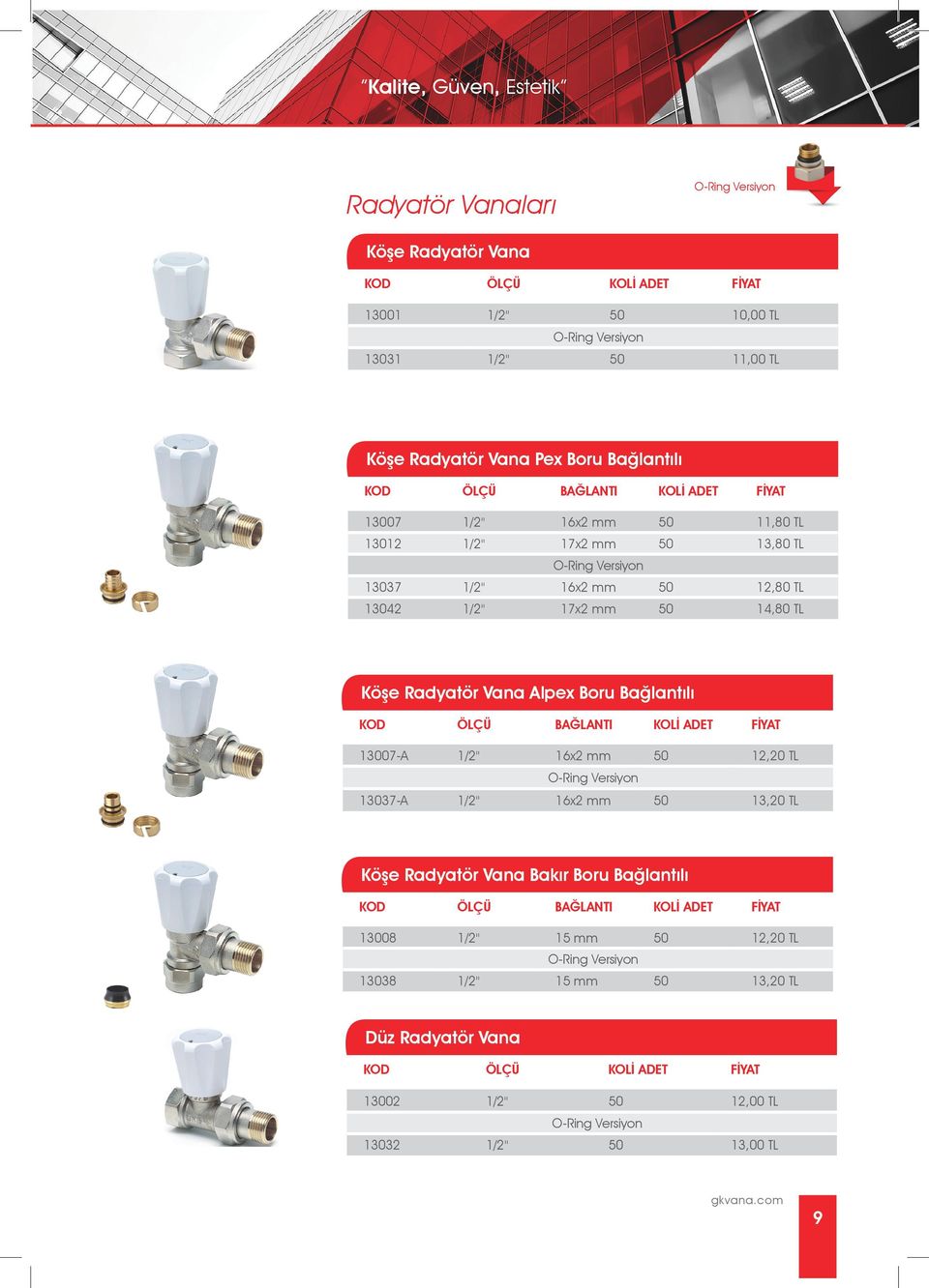 Köşe Radyatör Vana Alpex Boru Bağlantılı 13007-A 1/2" 16x2 mm 50 12,20 TL 13037-A 1/2" 16x2 mm 50 13,20 TL Köşe Radyatör Vana Bakır Boru