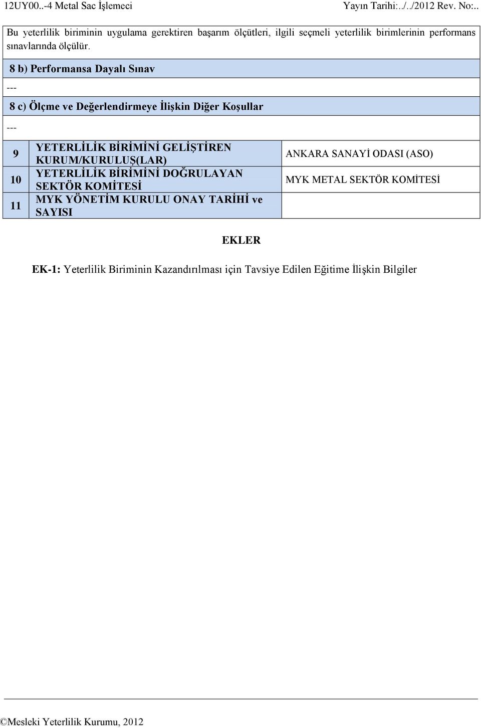 8 b) Performansa Dayalı Sınav --- 8 c) Ölçme ve Değerlendirmeye İlişkin Diğer Koşullar --- 9 10 11 YETERLİLİK BİRİMİNİ