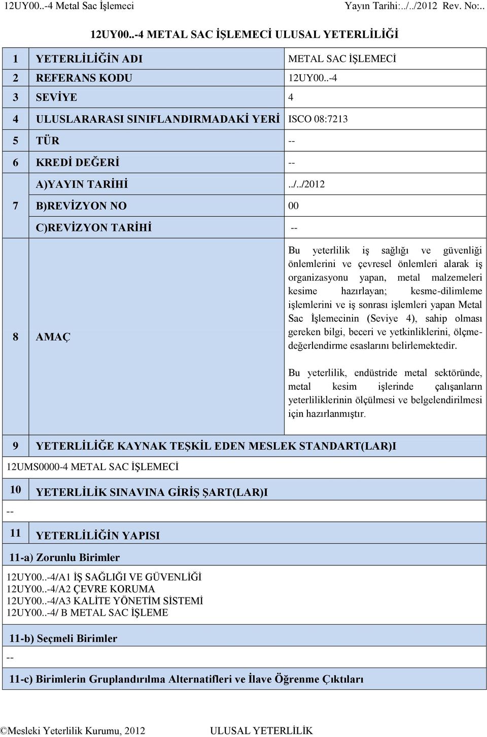 ./2012 7 B)REVİZYON NO 00 C)REVİZYON TARİHİ -- 8 AMAÇ Bu yeterlilik iş sağlığı ve güvenliği önlemlerini ve çevresel önlemleri alarak iş organizasyonu yapan, metal malzemeleri kesime hazırlayan;