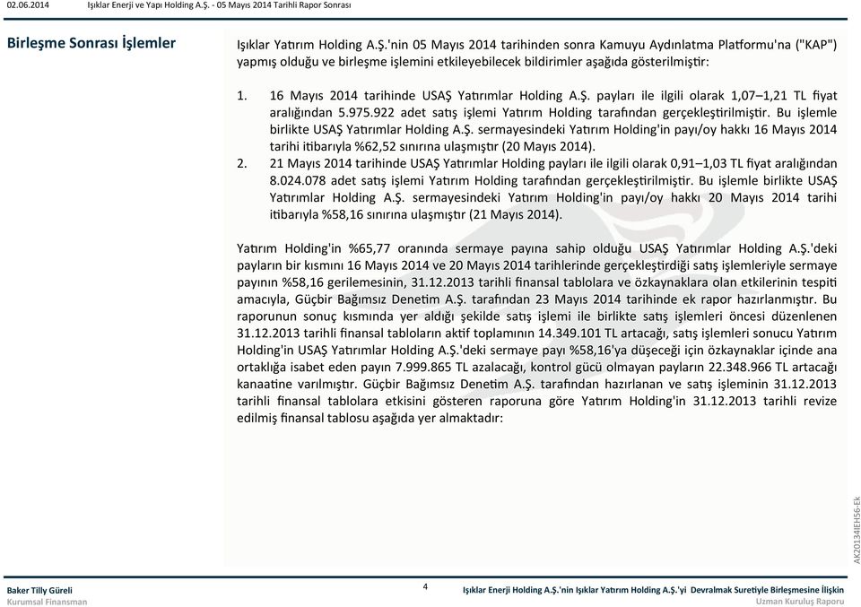 16 Mayıs 2014 tarihinde USAŞ Yatırımlar Holding A.Ş. payları ile ilgili olarak 1,07 1,21 TL fiyat aralığından 5.975.922 adet satış işlemi Yatırım Holding tarafından gerçekleştirilmiştir.