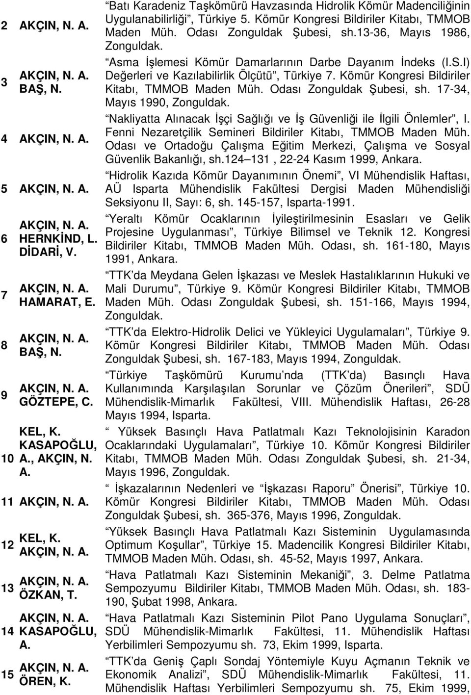 13-36, Mayıs 1986, Zonguldak. Asma İşlemesi Kömür Damarlarının Darbe Dayanım İndeks (I.S.I) Değerleri ve Kazılabilirlik Ölçütü, Türkiye 7. Kömür Kongresi Bildiriler Kitabı, TMMOB Maden Müh.