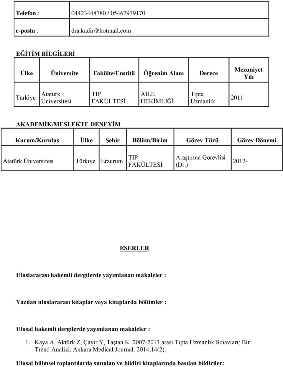 Kurum/Kuruluş Ülke Şehir Bölüm/Birim Görev Türü Görev Dönemi Atatürk Üniversitesi Türkiye Erzurum TIP FAKÜLTESİ Araştırma Görevlisi (Dr.