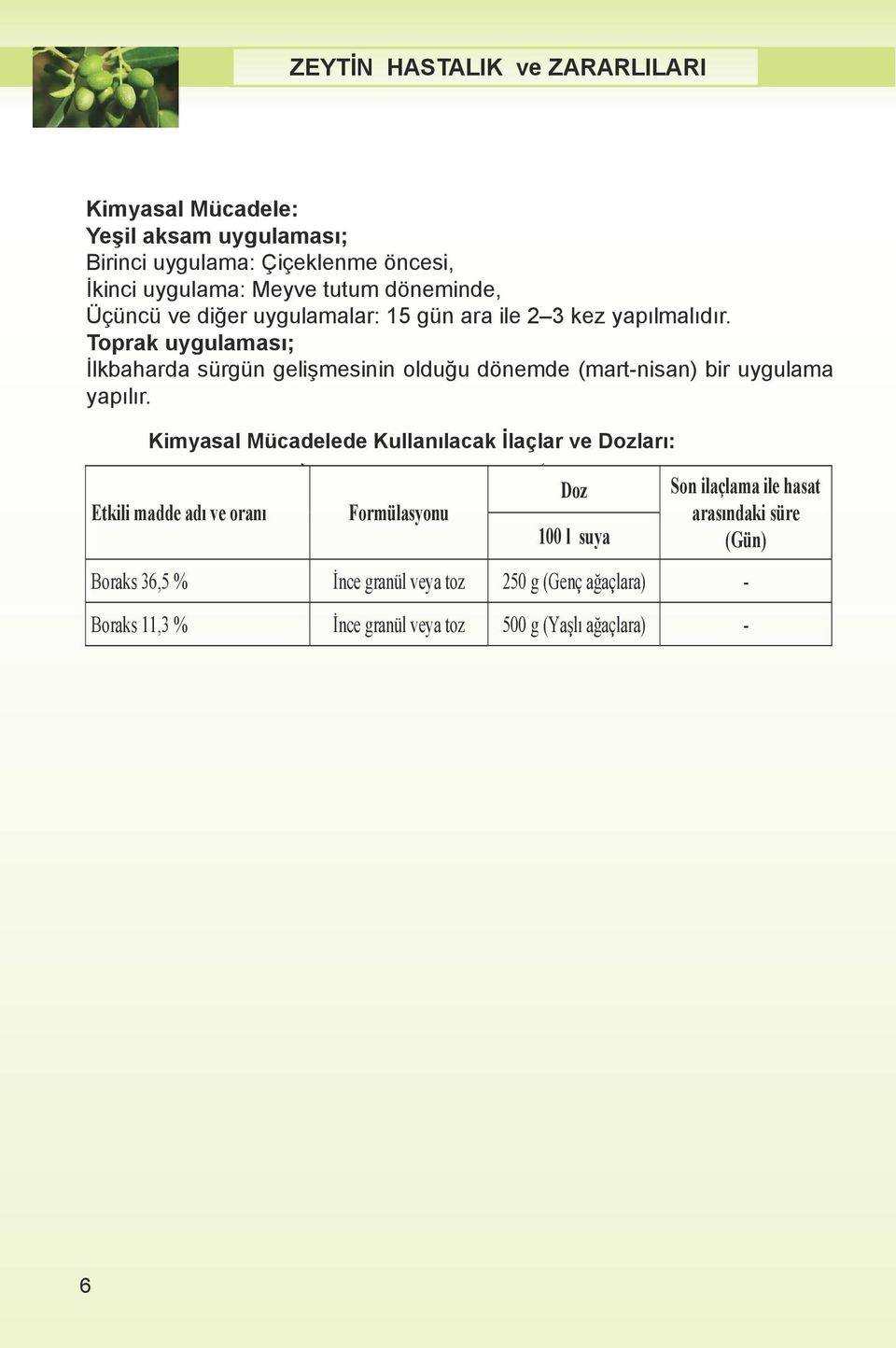 Birinci Kimyasal uygulama: Mücadele: Çiçeklenme öncesi, İkinci Ye il aksam uygulama: uygulamas ; Meyve tutum döneminde, Üçüncü Birinci uygulama: ve diğer Çiçeklenme uygulamalar: öncesi, 15 gün ara