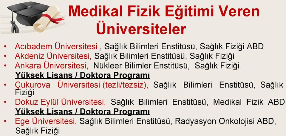 Programı Çukurova Fiziği Üniversitesi (tezli/tezsiz), Sağlık Bilimleri Enstitüsü, Sağlık Dokuz Eylül Üniversitesi, Sağlık Bilimleri