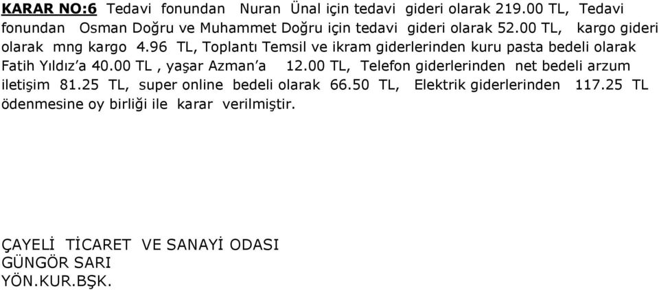 96, Toplantı Temsil ve ikram giderlerinden kuru pasta bedeli olarak Fatih Yıldız a 40.00, yaşar Azman a 12.