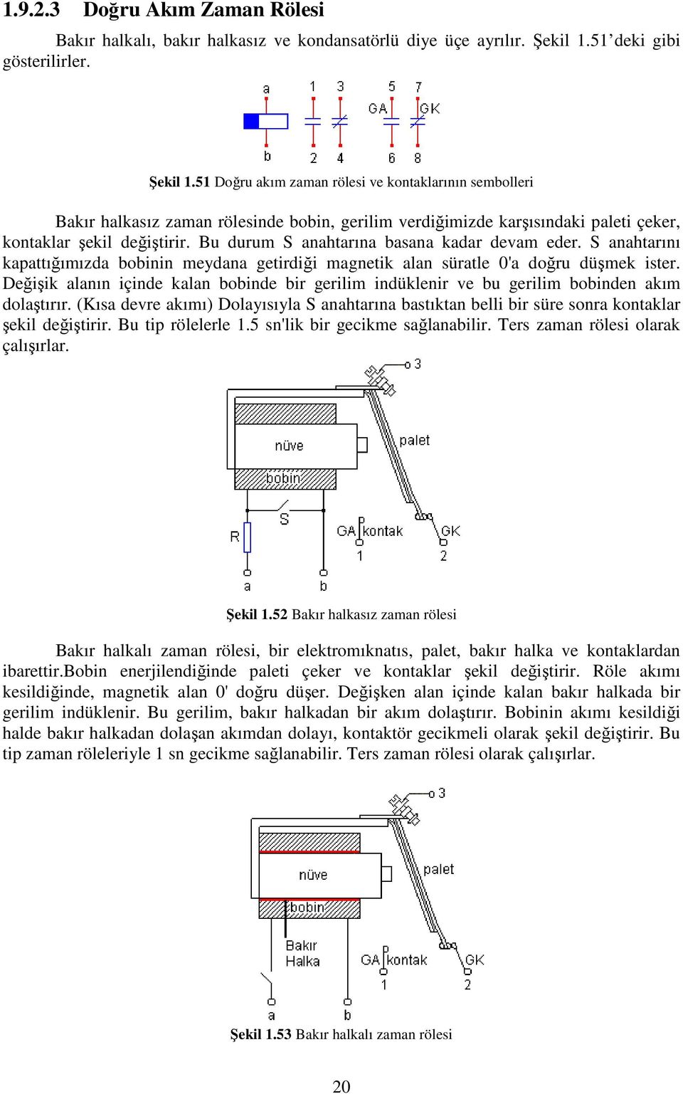 51 Doğru akım zaman rölesi ve kontaklarının sembolleri Bakır halkasız zaman rölesinde bobin, gerilim verdiğimizde karşısındaki paleti çeker, kontaklar şekil değiştirir.