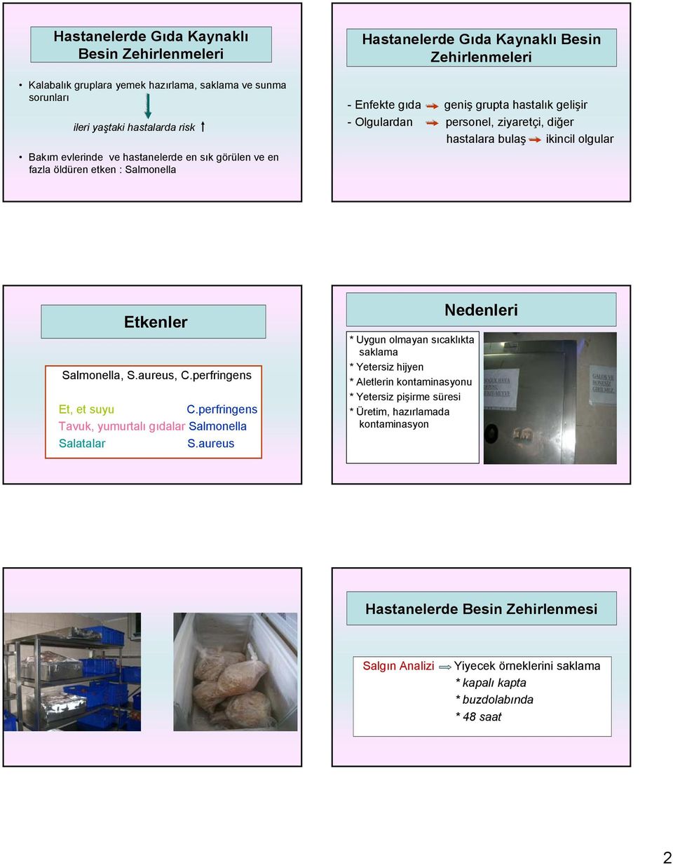 olgular Etkenler Salmonella, S.aureus, C.perfringens Et, et suyu C.perfringens Tavuk, yumurtalı gıdalar Salmonella Salatalar S.