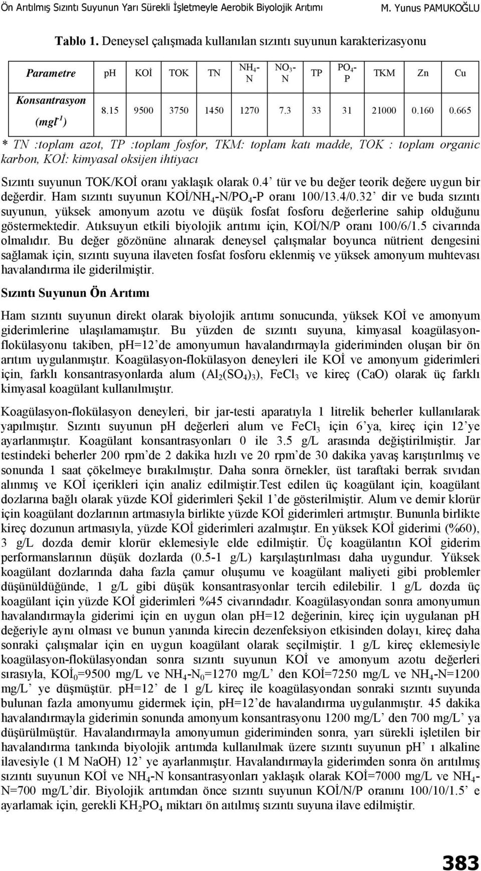 4 tür ve bu değer teorik değere uygun bir değerdir. Ham sızıntı suyunun KOİ/NH 4 -N/PO 4 -P oranı 100/13.4/0.