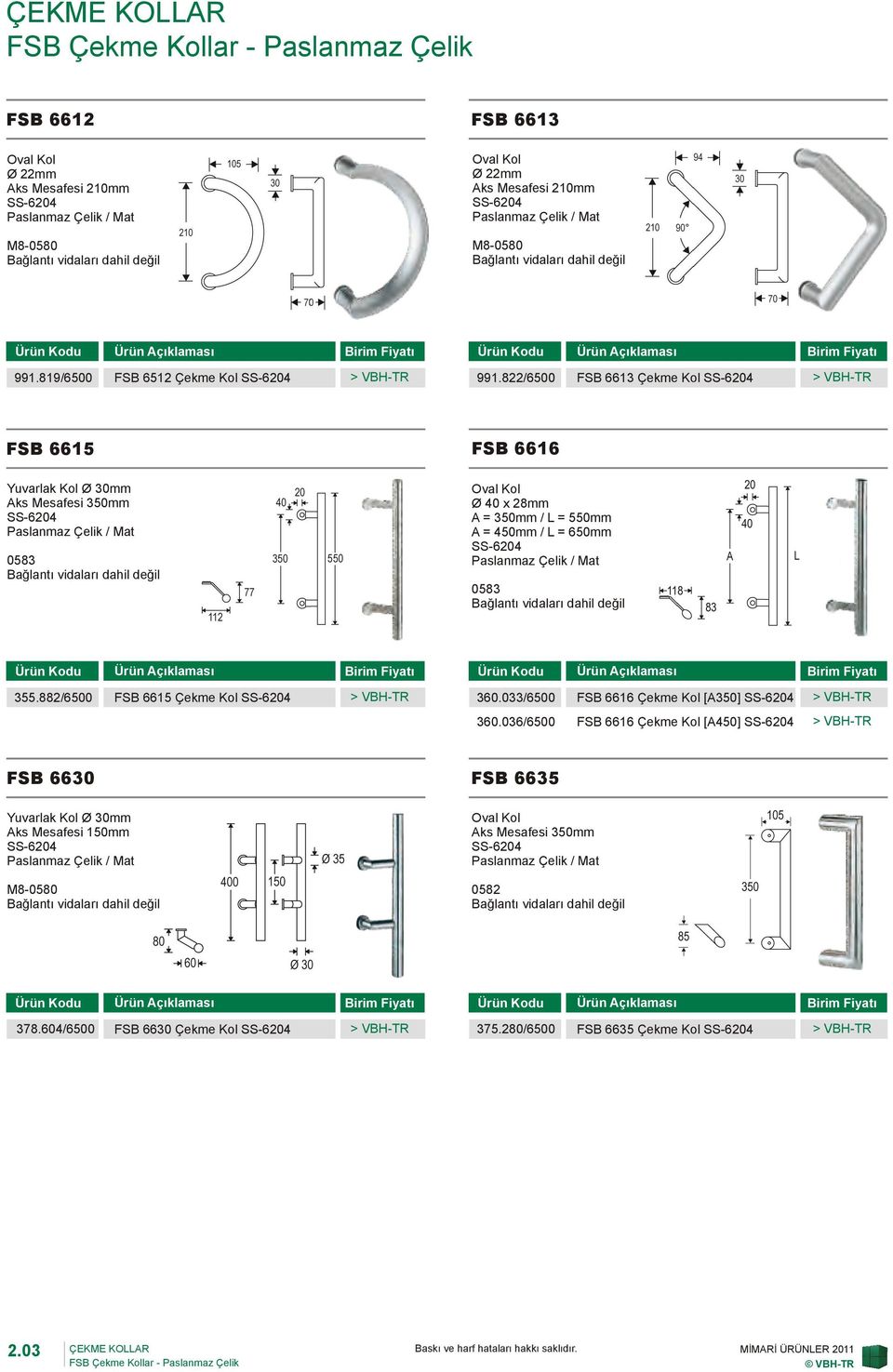 822/6500 FSB 6613 Çekme Kol FSB 6615 FSB 6616 Yuvarlak Kol Ø 30mm 0583 Oval Kol Ø 40 x 28mm A = 350mm / L = 550mm A = 450mm / L = 650mm 0583 355.