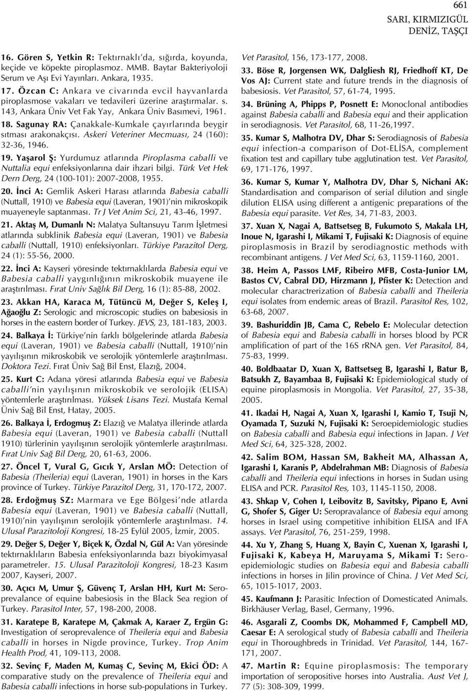 Sagunay RA: Çanakkale-Kumkale çaydrlardnda beygir sdtmasd arakonakçdsd. Askeri Veteriner Mecmuasd, 24 (160): 32-36, 194