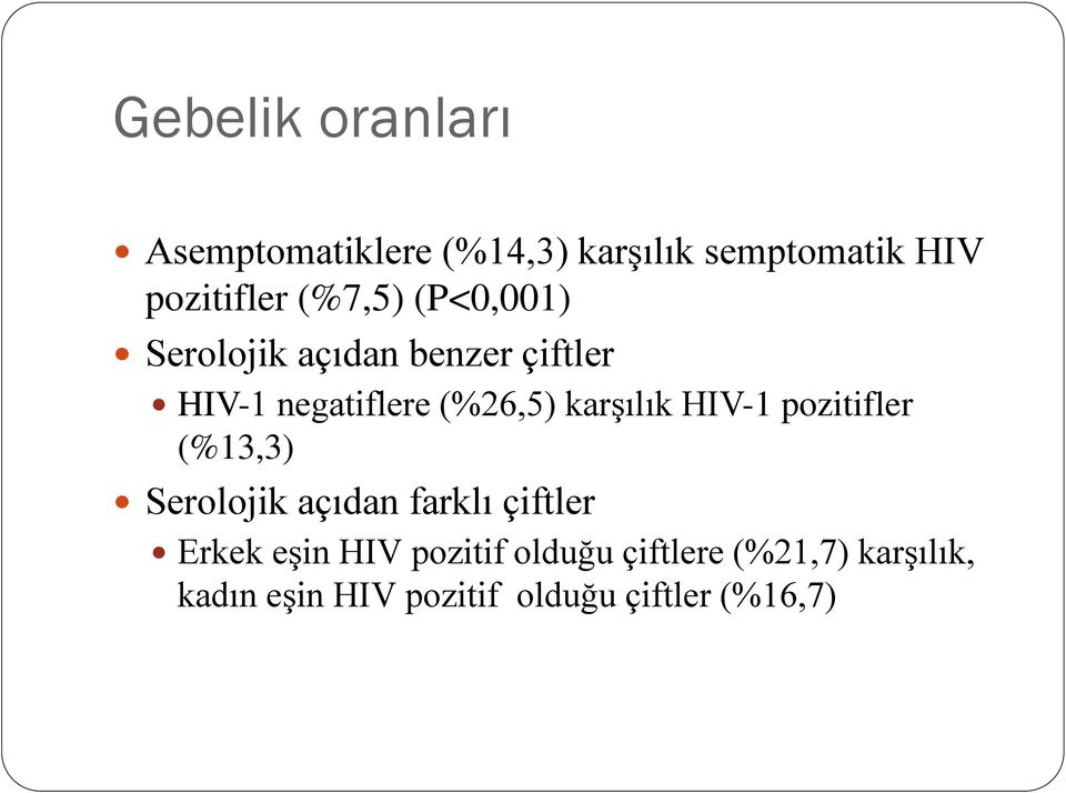 karşılık HIV-1 pozitifler (%13,3) Serolojik açıdan farklı çiftler Erkek eşin HIV