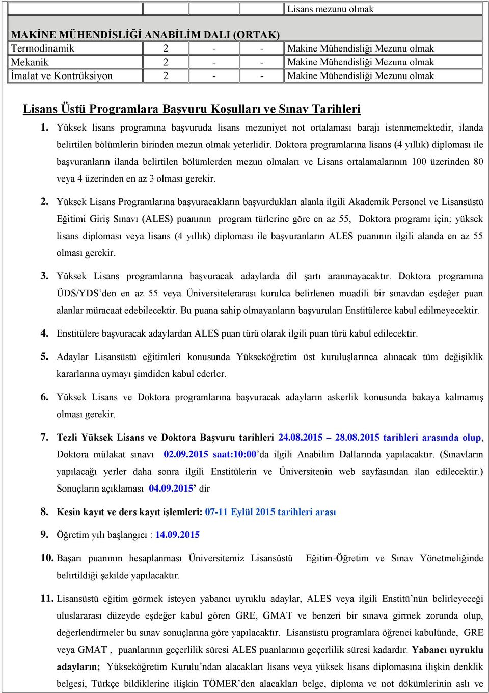 Doktora programlarına lisans ( yıllık) diploması ile başvuranların ilanda belirtilen bölümlerden mezun olmaları ve ortalamalarının 100 üzerinden 80 veya üzerinden en az 3 olması gerekir.