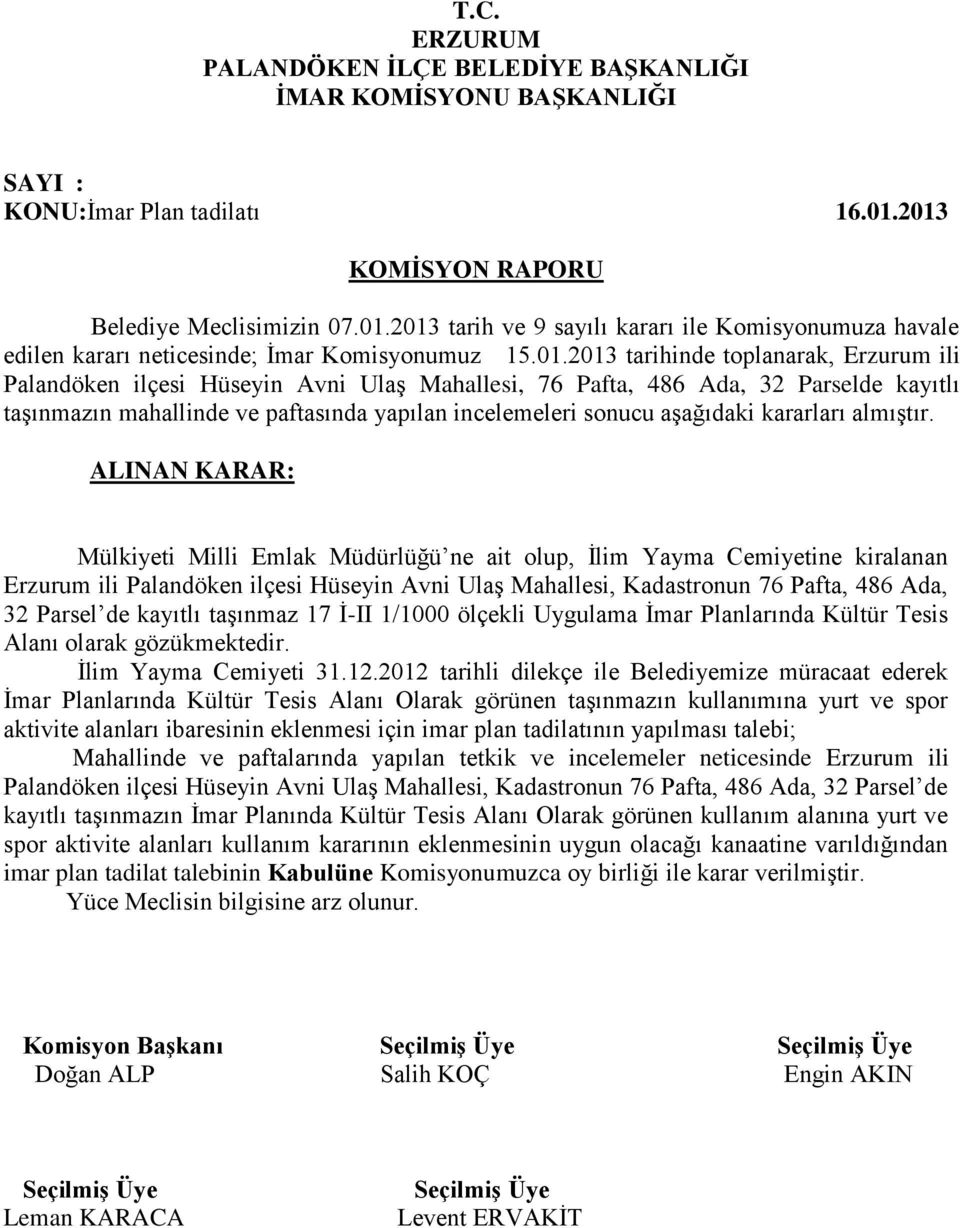 Hüseyin Avni Ulaş Mahallesi, 76 Pafta, 486 Ada, 32 Parselde kayıtlı taşınmazın mahallinde ve paftasında yapılan incelemeleri sonucu aşağıdaki kararları almıştır.