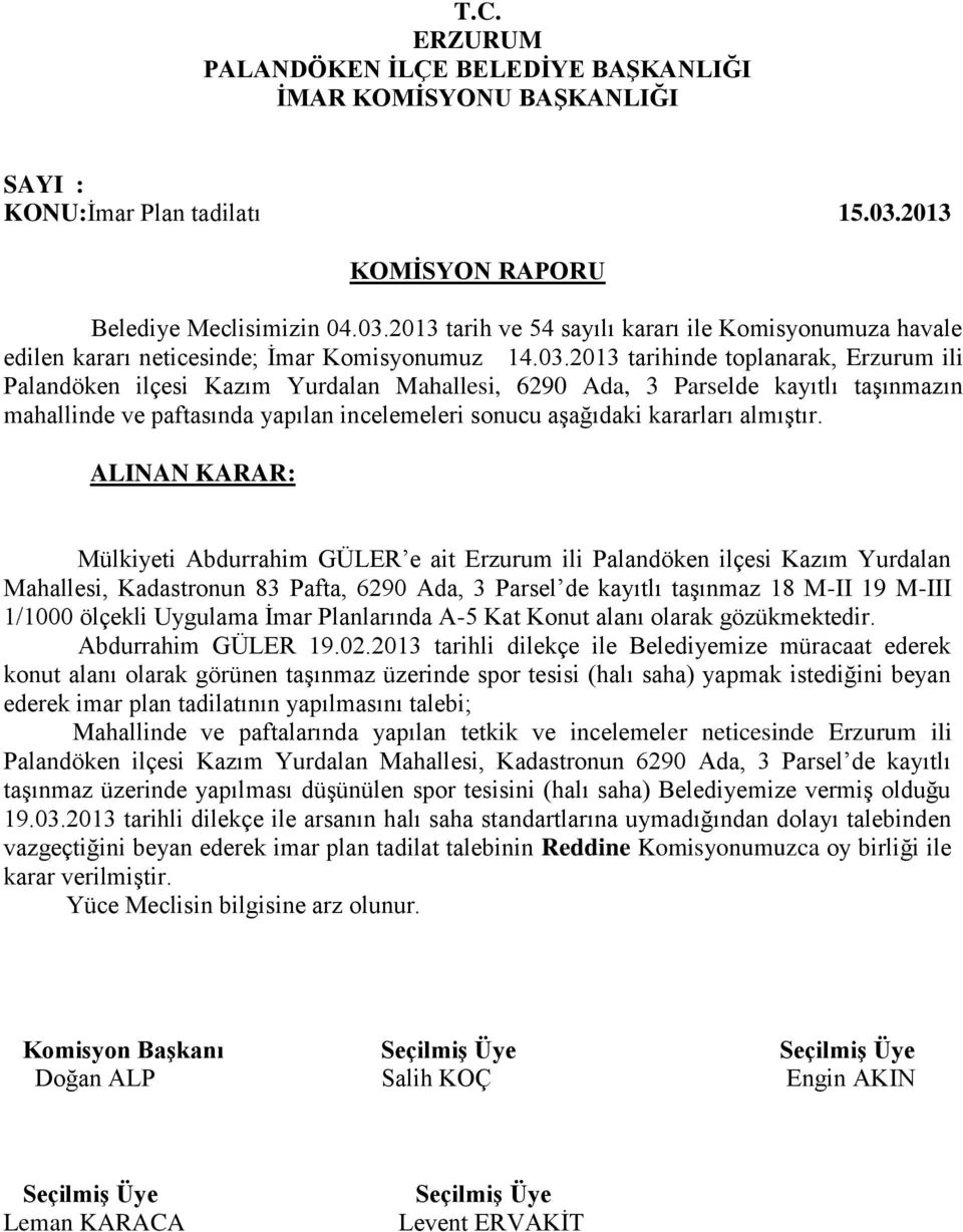 2013 tarih ve 54 sayılı kararı ile Komisyonumuza havale edilen kararı neticesinde; İmar Komisyonumuz 14.03.