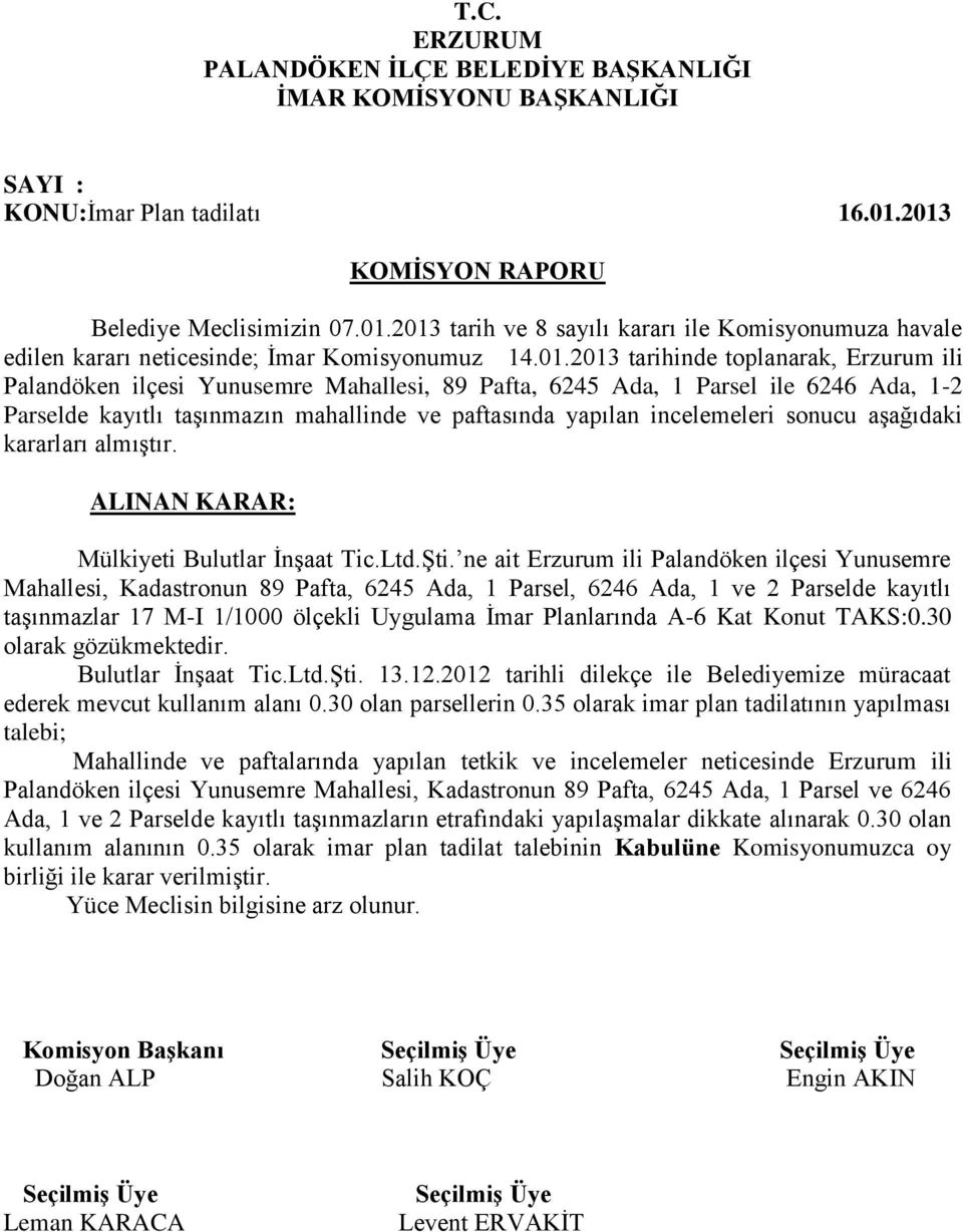 Yunusemre Mahallesi, 89 Pafta, 6245 Ada, 1 Parsel ile 6246 Ada, 1-2 Parselde kayıtlı taşınmazın mahallinde ve paftasında yapılan incelemeleri sonucu aşağıdaki kararları almıştır.