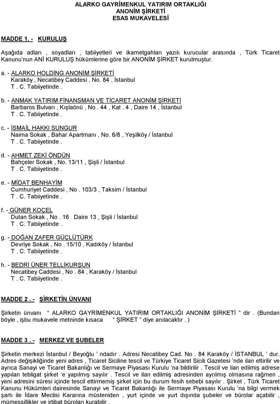 84, İstanbul b. - ANMAK YATIRIM FİNANSMAN VE TİCARET ANONİM ŞİRKETİ Barbaros Bulvarõ, Kõşlaönü, No. 44, Kat. 4, Daire 14, İstanbul c. - İSMAİL HAKKI SUNGUR Naima Sokak, Bahar Apartmanõ, No.