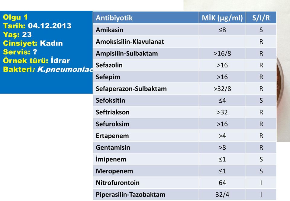 Ampisilin-Sulbaktam >16/8 R Örnek türü: İdrar Sefazolin Bakteri: K.