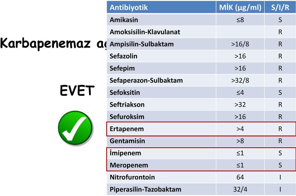 Sefepim >16 R Sefaperazon-Sulbaktam >32/8 R HAYIR Sefoksitin 4 S Seftriakson >32 R