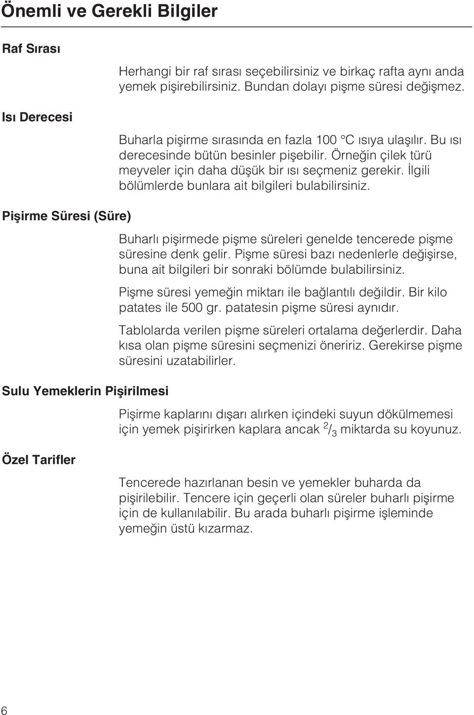 Ýlgili bölümlerde bunlara ait bilgileri bulabilirsiniz. Piþirme Süresi (Süre) Buharlý piþirmede piþme süreleri genelde tencerede piþme süresine denk gelir.