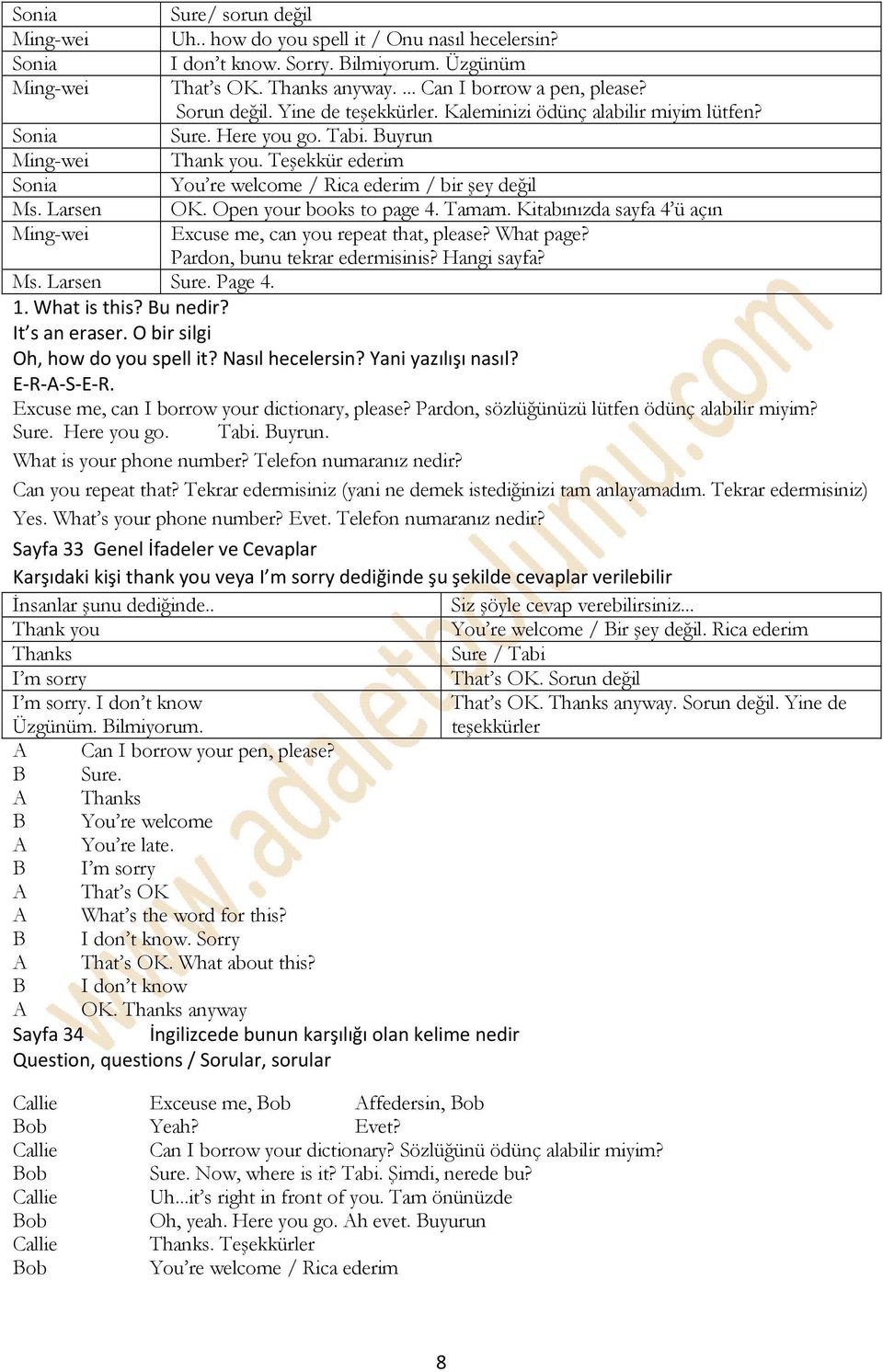 Teşekkür ederim You re welcome / Rica ederim / bir şey değil OK. Open your books to page 4. Tamam. Kitabınızda sayfa 4 ü açın Excuse me, can you repeat that, please? What page?