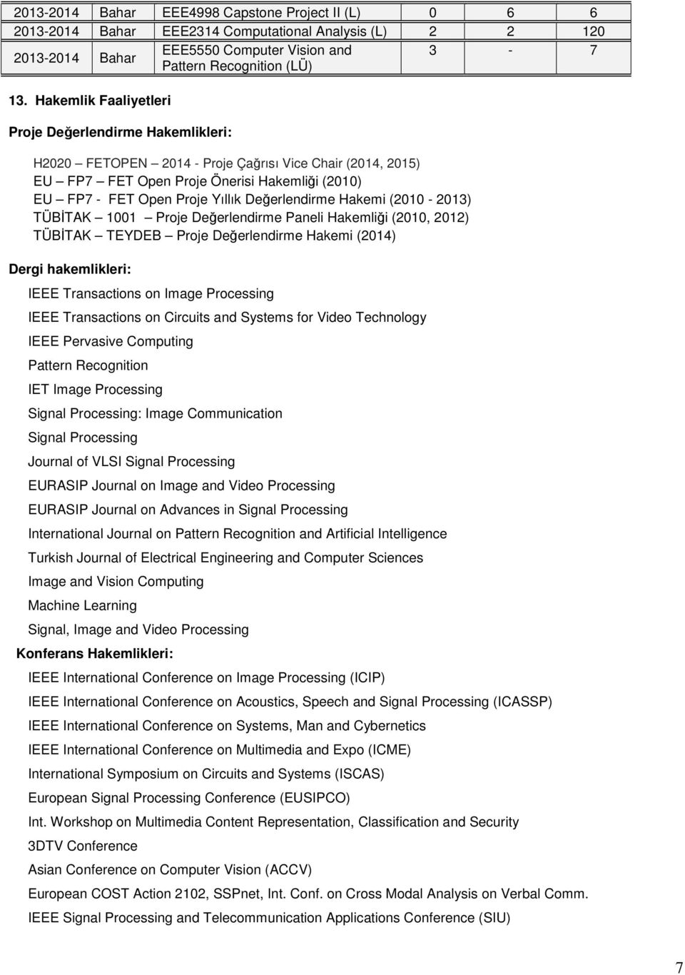 Değerlendirme Hakemi (2010-2013) TÜBİTAK 1001 Proje Değerlendirme Paneli Hakemliği (2010, 2012) TÜBİTAK TEYDEB Proje Değerlendirme Hakemi (2014) Dergi hakemlikleri: IEEE Transactions on Image