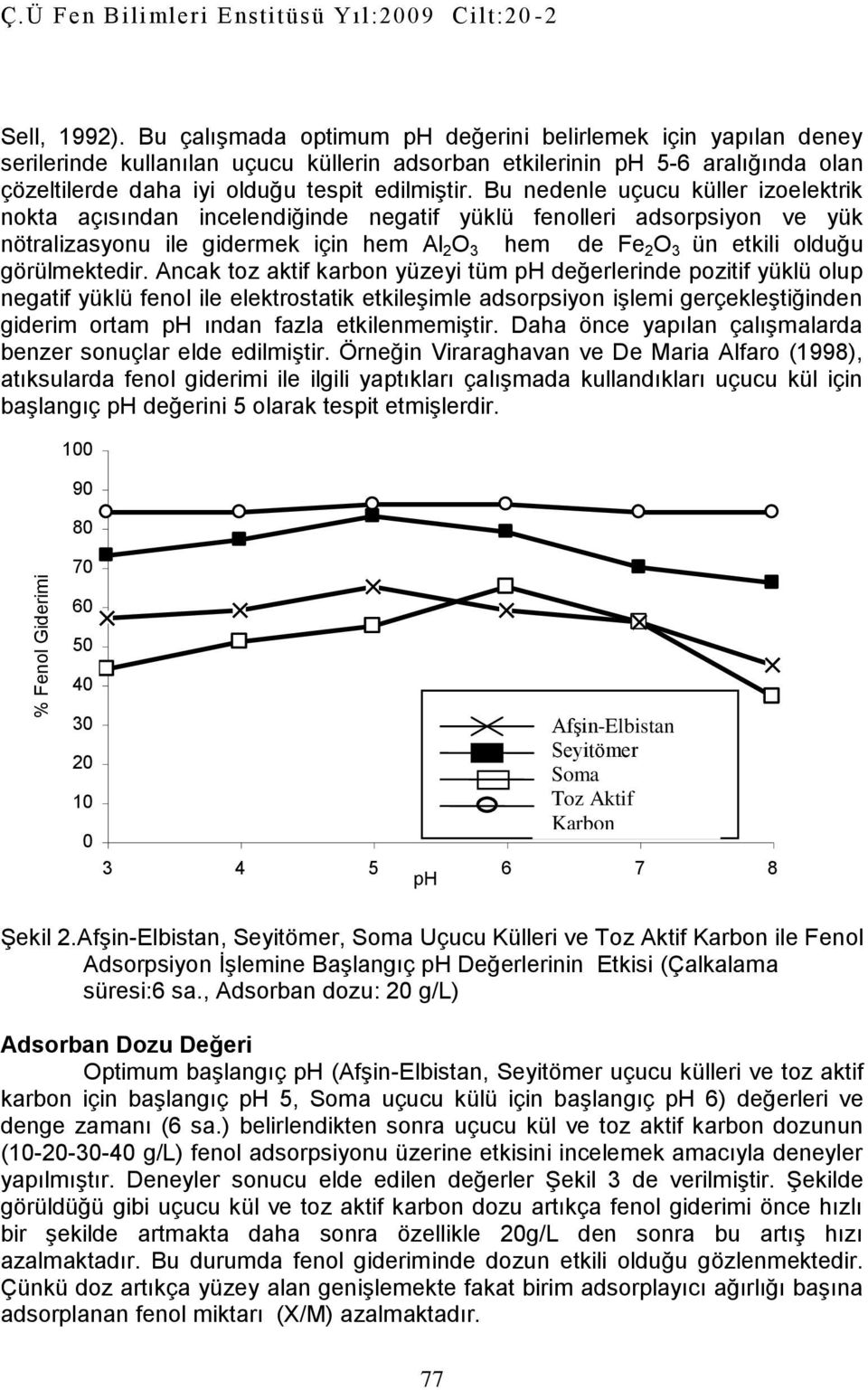 Bu nedenle uçucu küller izoelektrik nokta açısından incelendiğinde negatif yüklü fenolleri adsorpsiyon ve yük nötralizasyonu ile gidermek için hem Al 2 O 3 hem de Fe 2 O 3 ün etkili olduğu