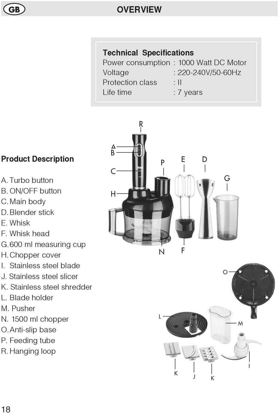 Whisk head G. 600 ml measuring cup H. Chopper cover I. Stainless steel blade J. Stainless steel slicer K.