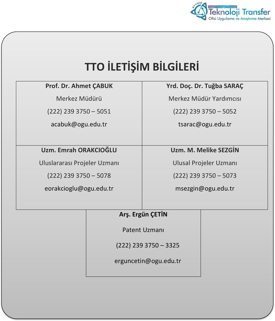 Emrah ORAKCIOĞLU Uluslararası Projeler Uzmanı (222) 239 3750 5078 eorakcioglu@ogu.edu.tr Uzm. M.