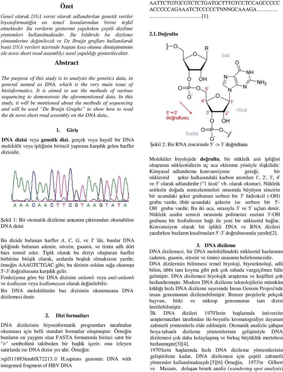 Bu bildiride bu dizileme yöntemlerine değinilecek ve De Bruijn grafları kullanılarak basit DNA verileri üzerinde baştan kısa okuma dönüşümünün (de novo short read assembly) nasıl yapıldığı