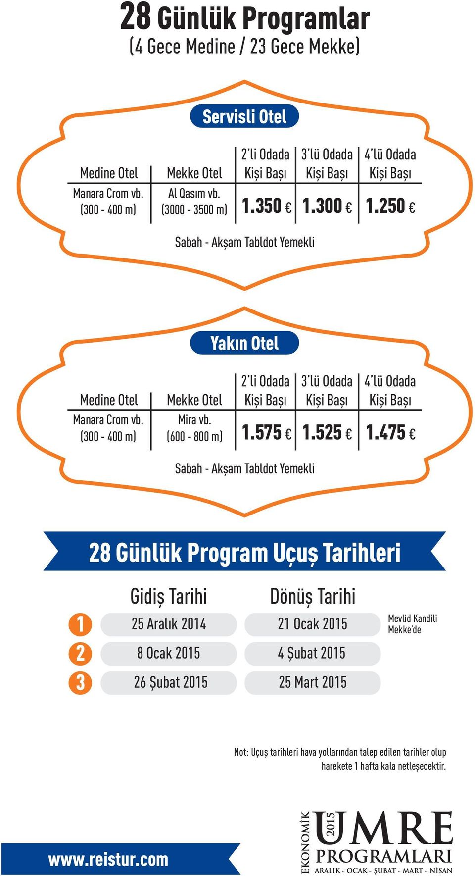 475 28 Günlük Program Uçuþ Tarihleri 1 2 3 Gidiþ Tarihi Dönüþ Tarihi 25 Aralýk