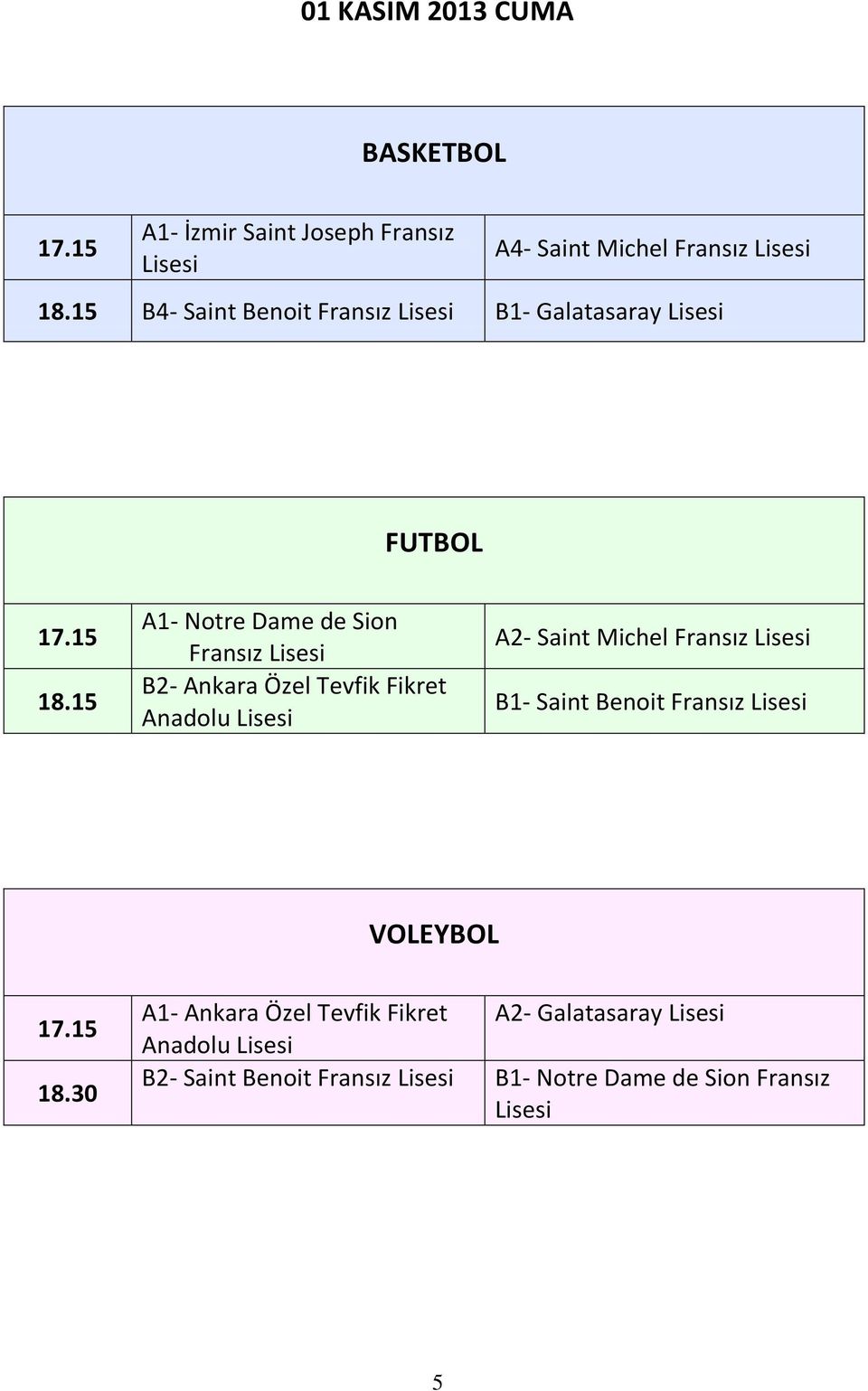 15 A1- Notre Dame de Sion Fransız B2- Ankara Özel Tevfik Fikret Anadolu A2- Saint Michel Fransız B1-