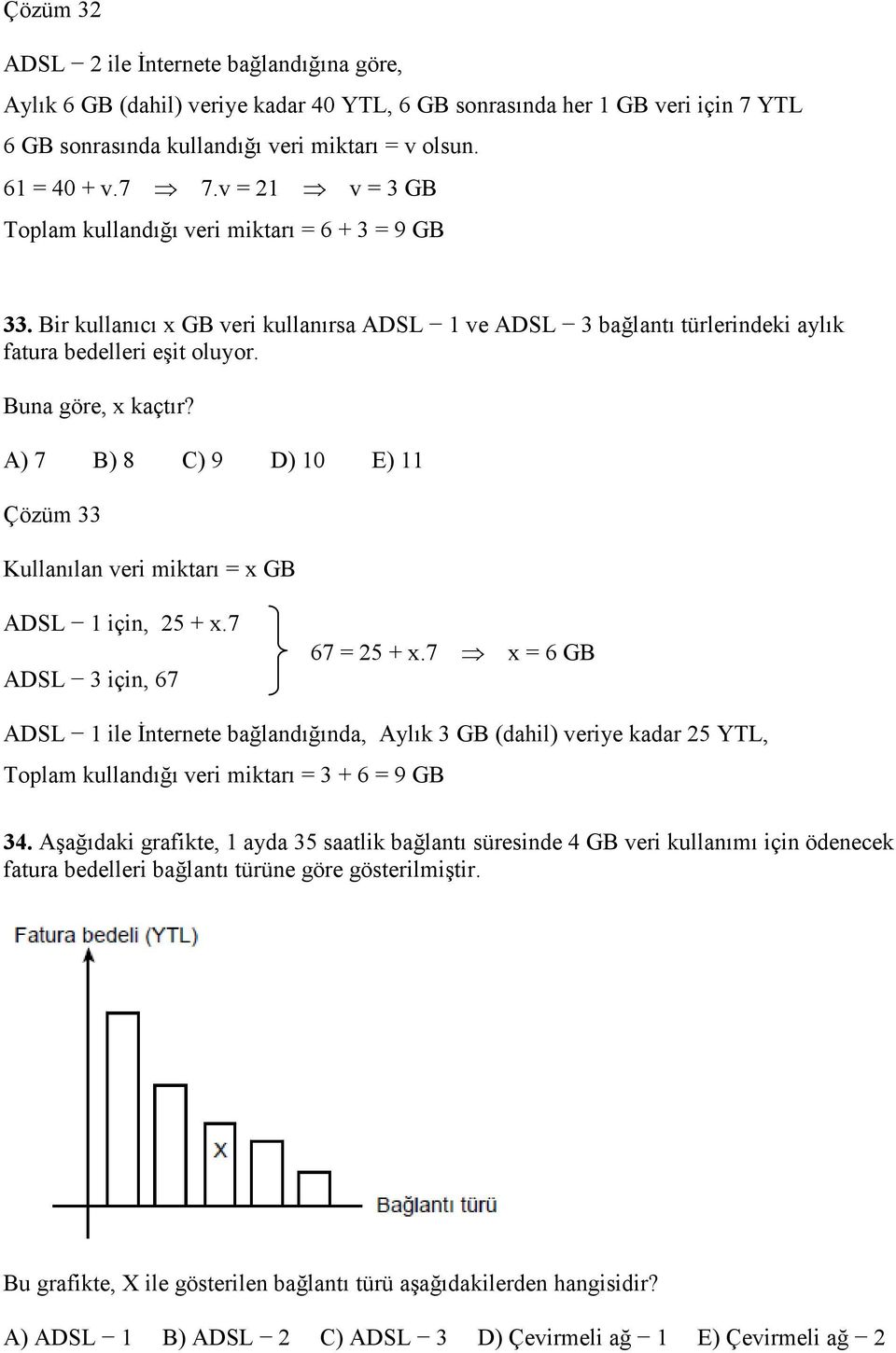 A) 7 B) 8 C) 9 D) 10 E) 11 Çözüm 33 Kullanılan veri miktarı = x GB ADSL 1 için, 25 + x.7 ADSL 3 için, 67 67 = 25 + x.