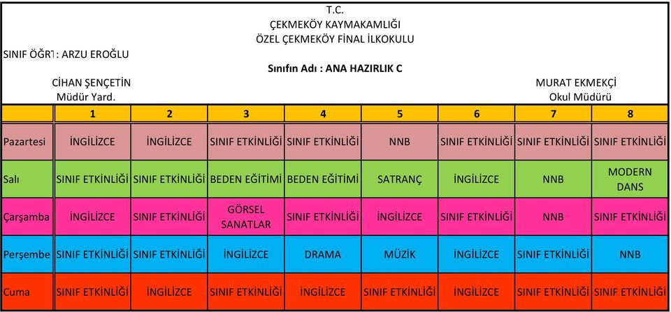 HAZIRLIK C Pazartesi NNB Salı BEDEN