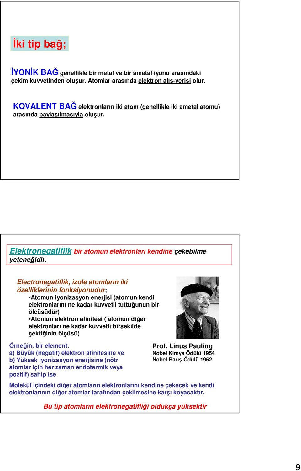 Electronegatiflik, izole atomların iki özelliklerinin fonksiyonudur; Atomun iyonizasyon enerjisi (atomun kendi elektronlarını ne kadar kuvvetli tuttuğunun bir ölçüsüdür) Atomun elektron afinitesi (