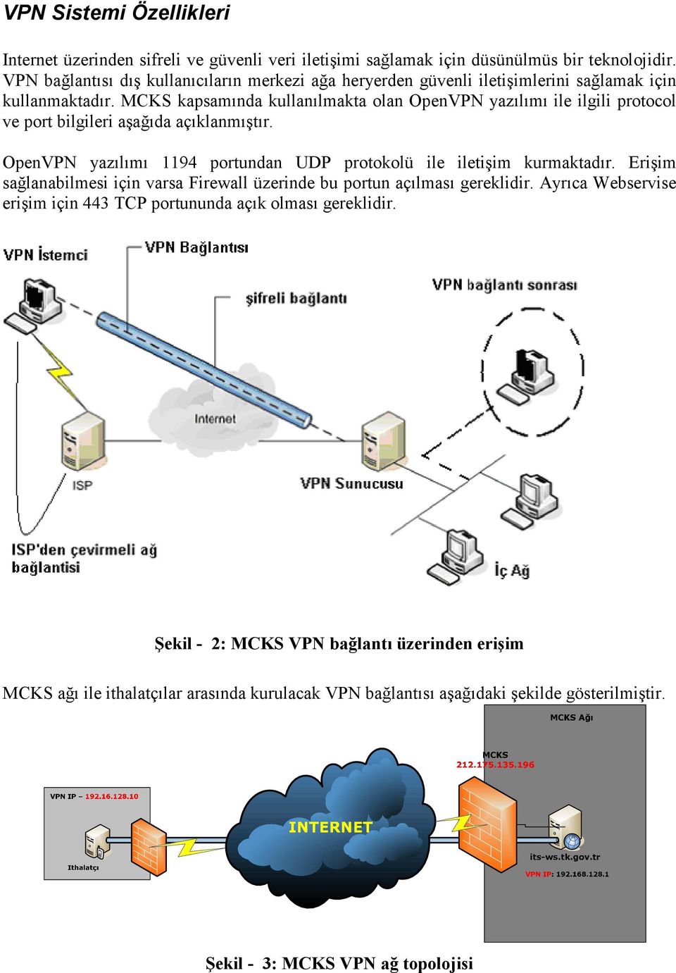 MCKS kapsamında kullanılmakta olan OpenVPN yazılımı ile ilgili protocol ve port bilgileri aşağıda açıklanmıştır. OpenVPN yazılımı 1194 portundan UDP protokolü ile iletişim kurmaktadır.