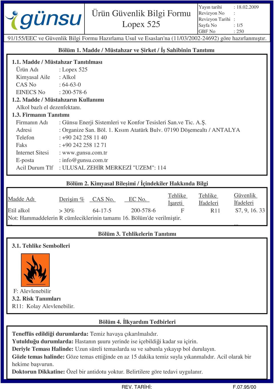 1. Kısım Atatürk Bulv. 07190 Döşemealtı / ANTALYA Telefon : +90 242 258 11 40 Faks : +90 242 258 12 71 Internet Sitesi : www.gunsu.com.tr E-posta : info@gunsu.com.tr Acil Durum Tlf : ULUSAL ZEHİR MERKEZİ "UZEM": 114 Bölüm 2.