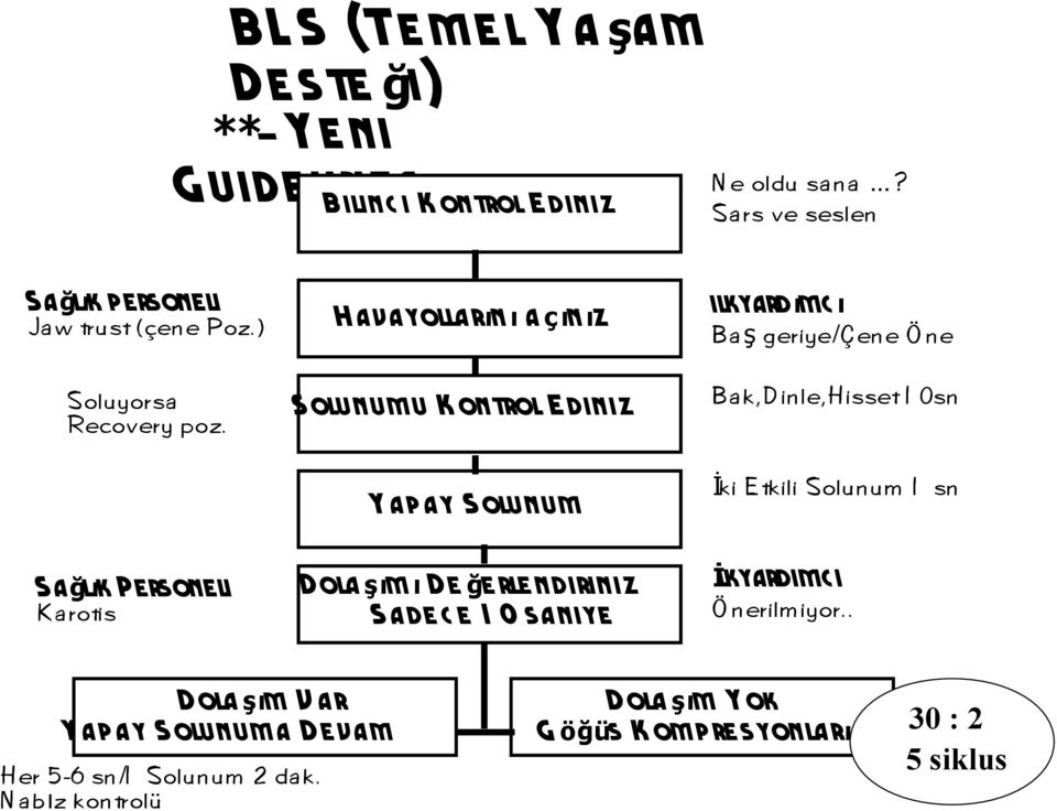 H avayollar ın ı aç ınız Solunum u K ontrol E diniz Yap ay Solunum ilkyard ımc ı B a ş geriye/çen e Ö n e B a k, D in le, H isset 1 0sn İki E tkili