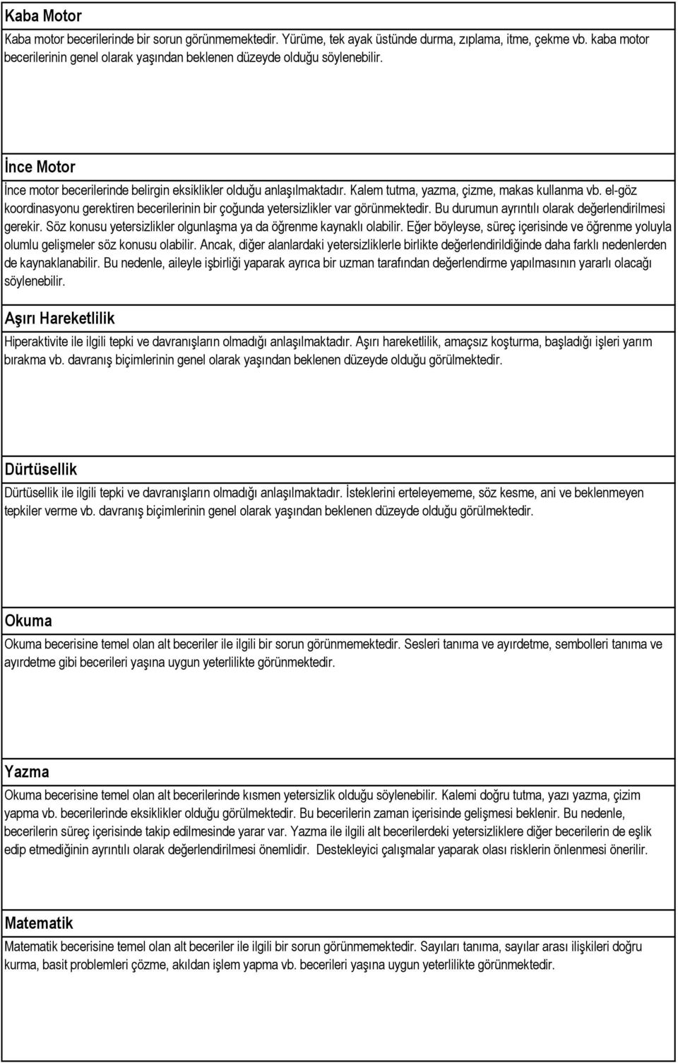 Kalem tutma, yazma, çizme, makas kullanma vb. el-göz koordinasyonu gerektiren becerilerinin bir çoğunda yetersizlikler var görünmektedir. Bu durumun ayrıntılı olarak değerlendirilmesi gerekir.