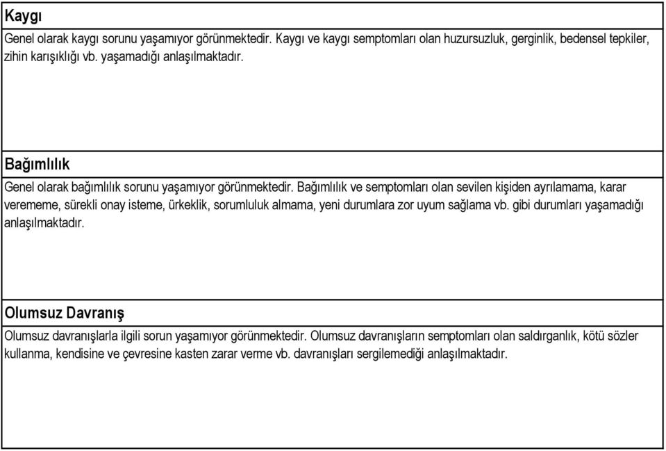 Bağımlılık ve semptomları olan sevilen kişiden ayrılamama, karar verememe, sürekli onay isteme, ürkeklik, sorumluluk almama, yeni durumlara zor uyum sağlama vb.