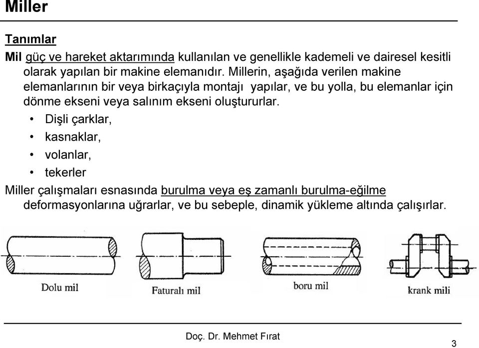 Millerin, aşağıda verilen makine elemanlarının bir veya birkaçıyla montajı yapılar, ve bu yolla, bu elemanlar için dönme