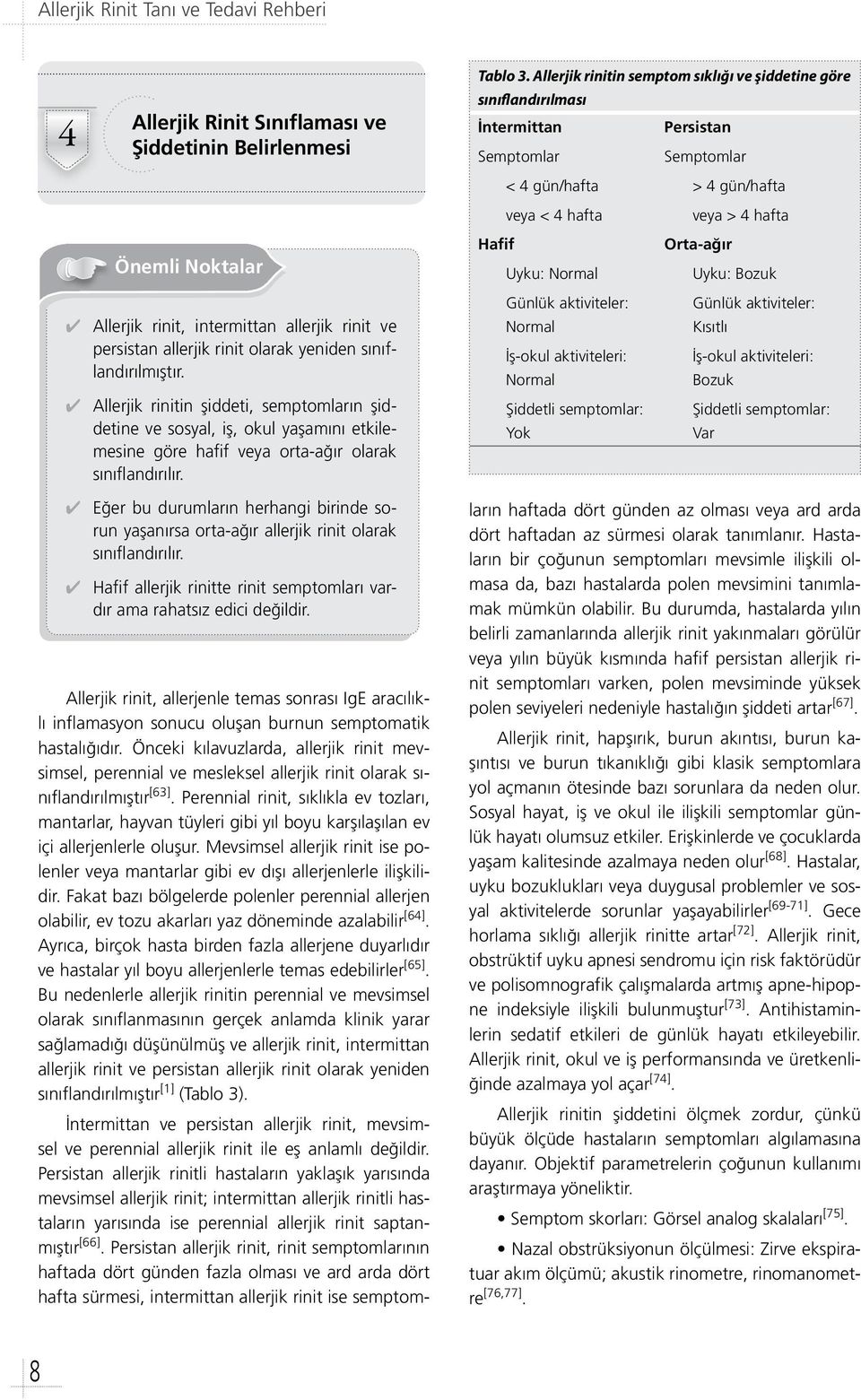 olarak yeniden sınıflandırılmıştır. Allerjik rinitin şiddeti, semptomların şiddetine ve sosyal, iş, okul yaşamını etkilemesine göre hafif veya orta-ağır olarak sınıflandırılır.