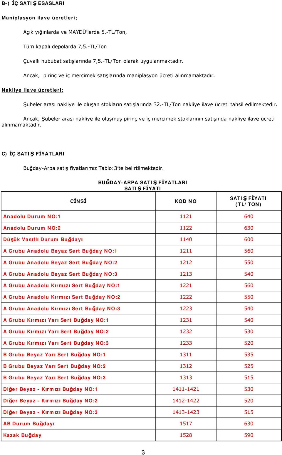 - nakliye ilave ücreti tahsil edilmektedir. Ancak, Şubeler arası nakliye ile oluşmuş pirinç ve iç mercimek stoklarının satışında nakliye ilave ücreti alınmamaktadır.