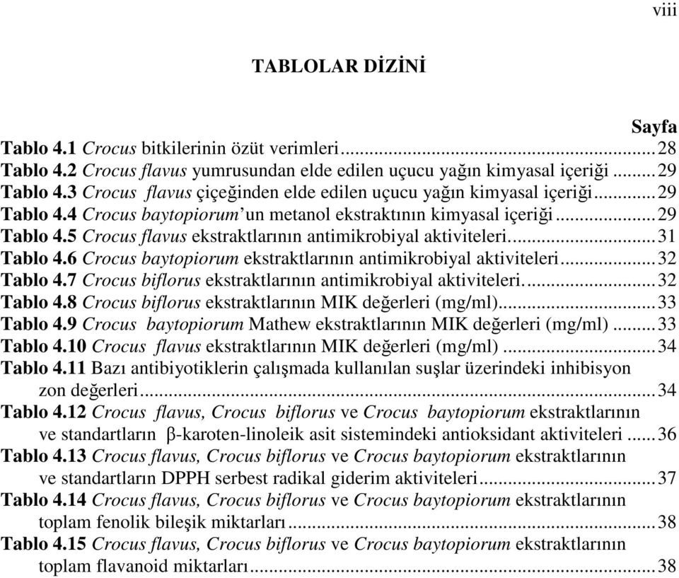 ..31 Tablo 4.6 Crocus baytopiorum ekstraktlarının antimikrobiyal aktiviteleri...32 Tablo 4.7 Crocus biflorus ekstraktlarının antimikrobiyal aktiviteleri...32 Tablo 4.8 Crocus biflorus ekstraktlarının MIK değerleri (mg/ml).