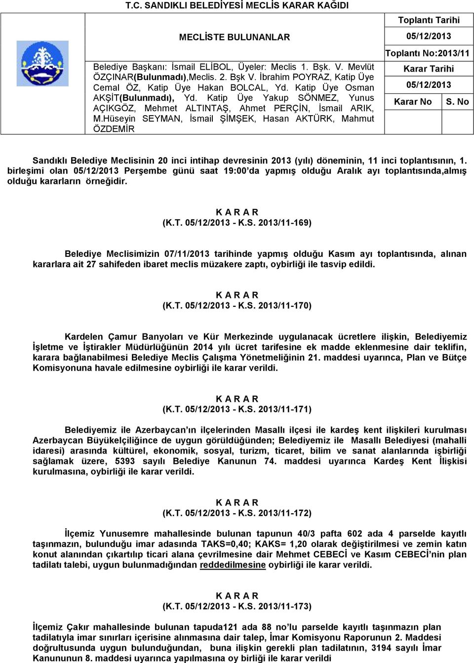 Hüseyin SEYMAN, İsmail ŞİMŞEK, Hasan AKTÜRK, Mahmut ÖZDEMİR Toplantı Tarihi 05/12/2013 Toplantı No:2013/11 Karar Tarihi 05/12/2013 Karar No S.